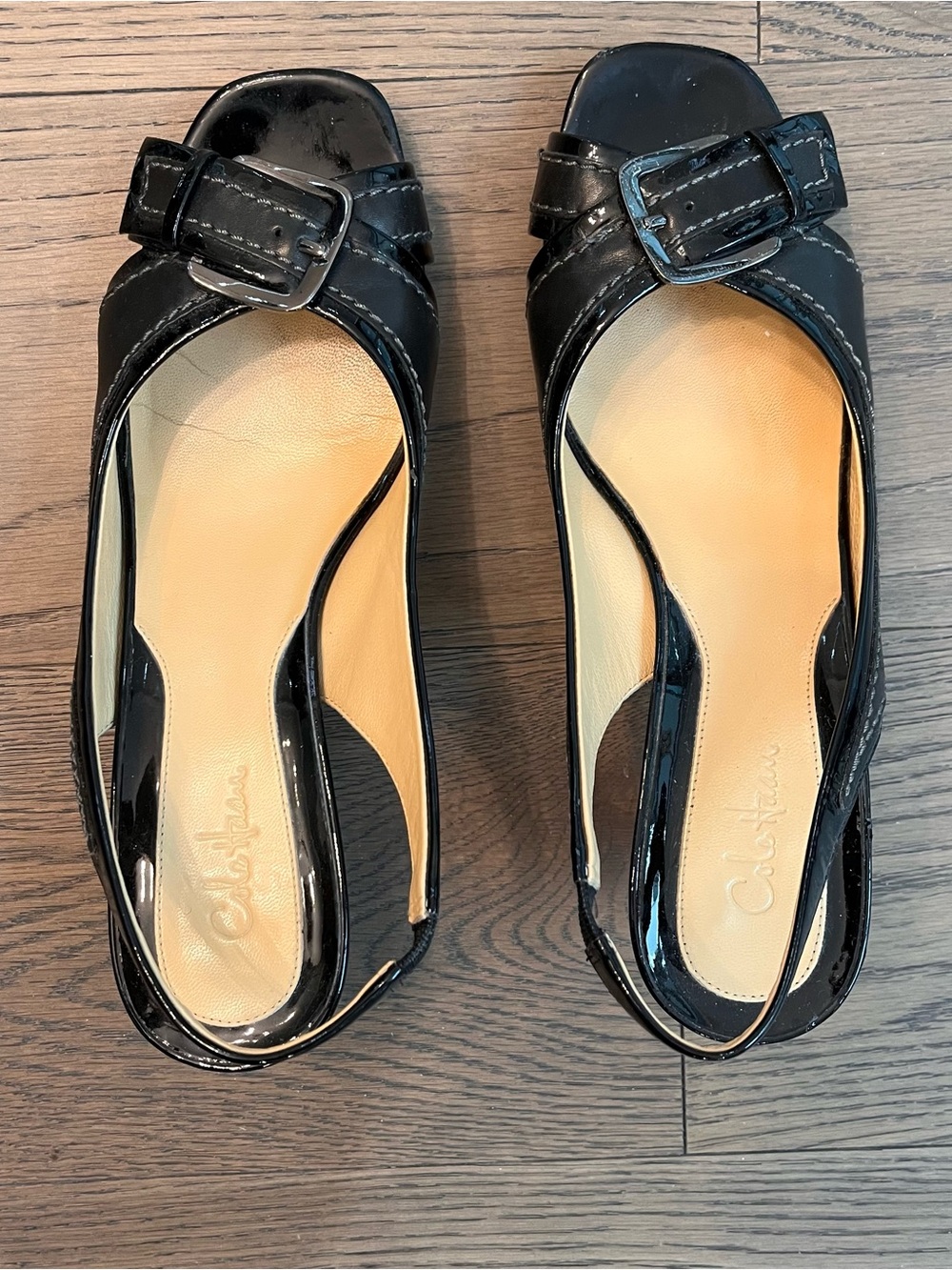 ColeHann Black Slingback Peep-Toe Heels with Buckle